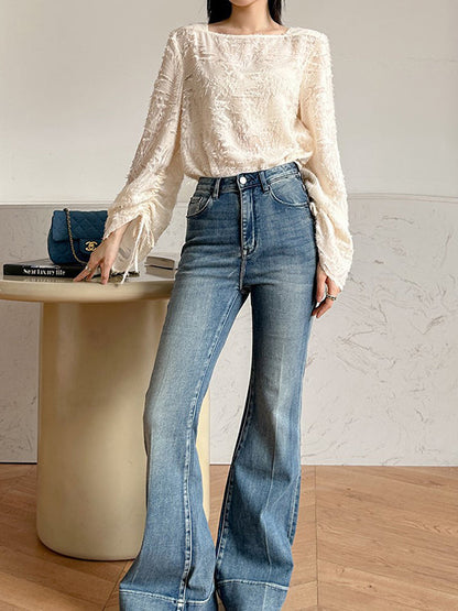 Flared Sleeves Long Sleeves Drawstring Fringed Color Square-neck Blouses&shirts Tops