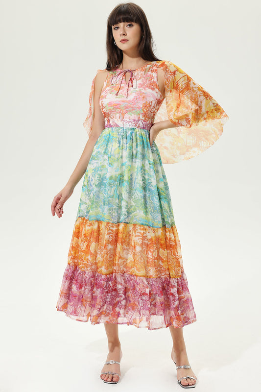 Color Asymmetric Sleeve Crew Collar Laced Chest Trim Midi Dress