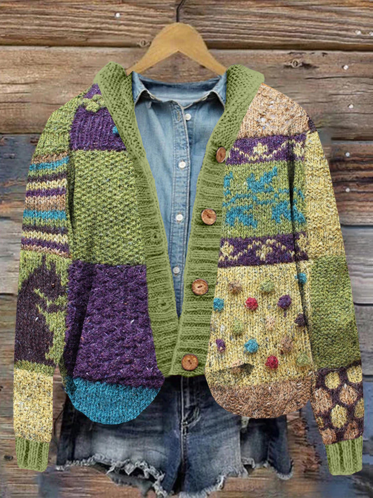 Vintage Knitted Patchwork Cozy Hooded Cardigan artswardrobe