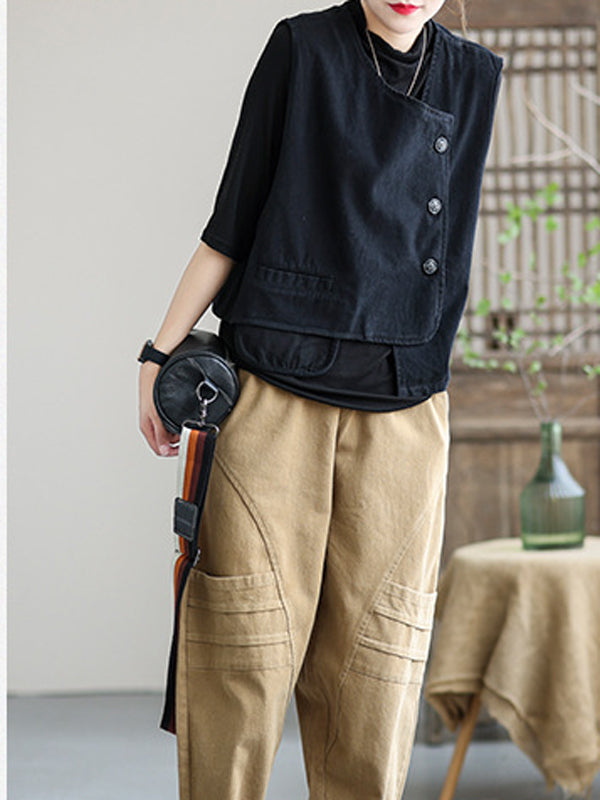 Asymmetric Color Buttoned Vest Top