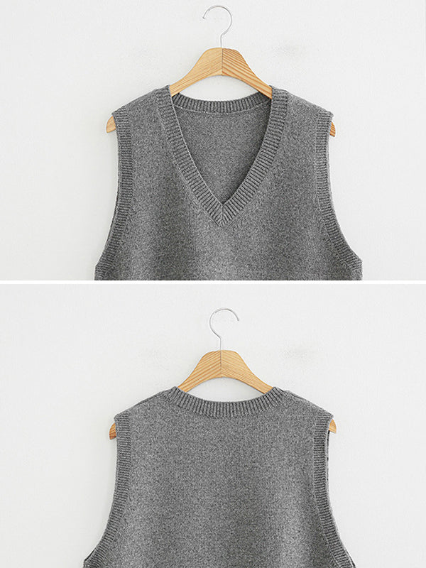 Loose Sleeveless Color V-neck Sweater Vest Outerwear