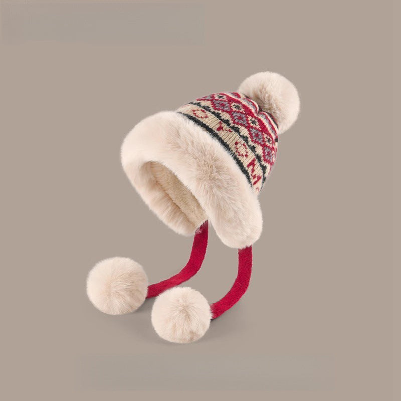 Comstylish Vintage Fair Isle Knit Cozy Fur Trim Fleece Liner Hat
