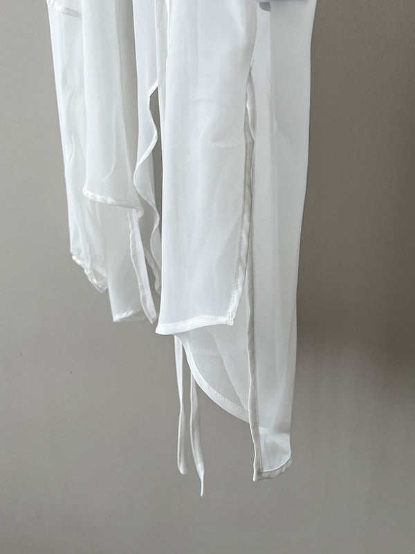 Bishop Sleeve Long Sleeves See-through Split-joint Tied Collarless Blouses&shirts Tops