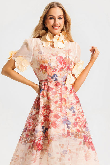 Round Neck Lace Up Short Sleeve Midi Dress