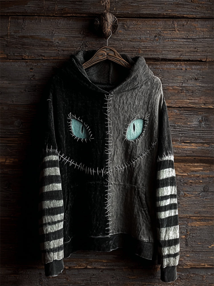 Comstylish Halloween Cat Face Contrast Stitched Striped Sleeve Hoodie