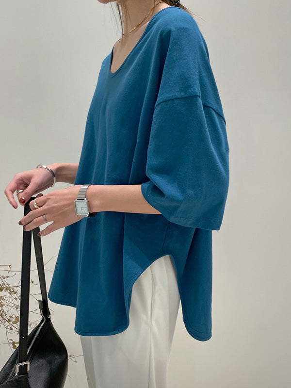 Loose Split-side Color V-neck T-shirts Tops