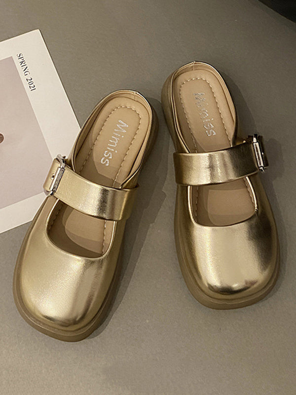 Belt Buckle Round-toe Shallow Cut Split-joint Platform Shoes Slippers&mules