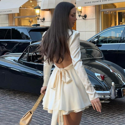 Taruxy Satin Hollow Backless Strappy Long Sleeve Mini Dress for Half Turtleneck Bow Splice Big Hem Party Club Dress
