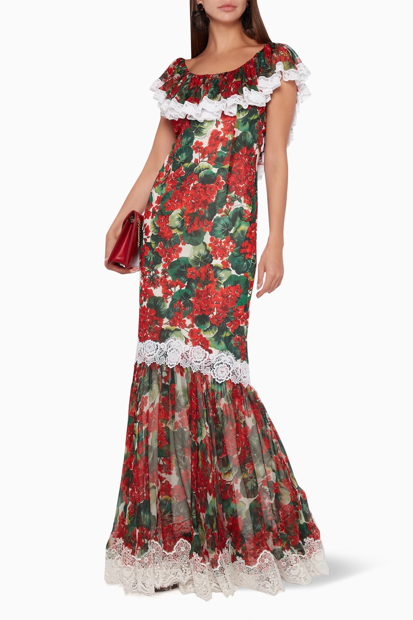 Lace Frill Round Neck Midi Dress