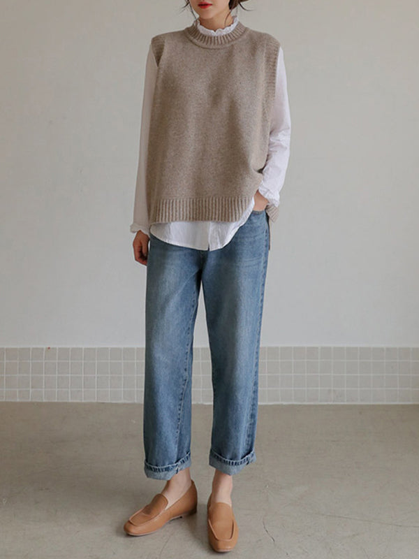 Simple Sleeveless Loose Buttoned Color Round-neck Sweater Vest Outerwear