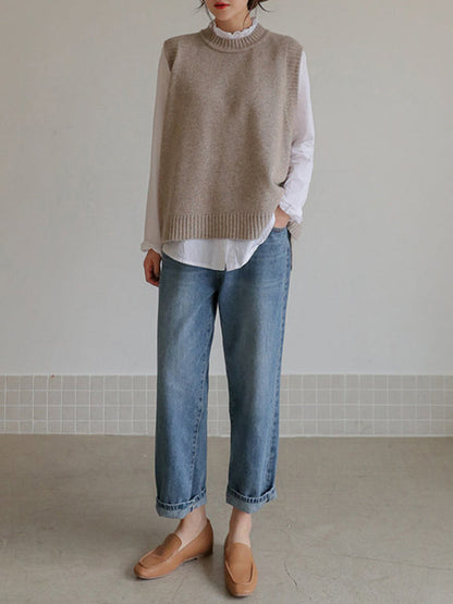 Simple Sleeveless Loose Buttoned Color Round-neck Sweater Vest Outerwear