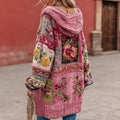 Women's Vintage Bohemian Floral Embroidery Patchwork Art Cozy Knit Hooded Sweater Cardigan artswardrobe