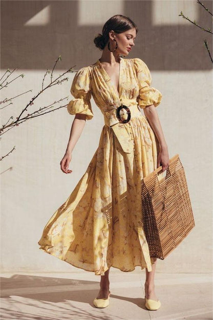 Chiffon V-neck Midi Dress With Belt