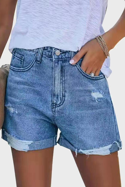 Street Ripped Make Old Mid Waist Straight Denim Shorts(3 Colors)