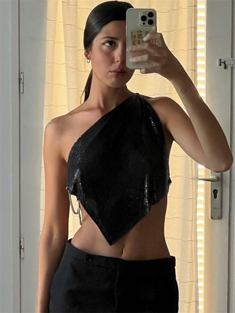 Tossy Glitter Backless Tank Top – Female Patchwork Off-shoulder Sequin Club Party Y2k Sparkle Vest
