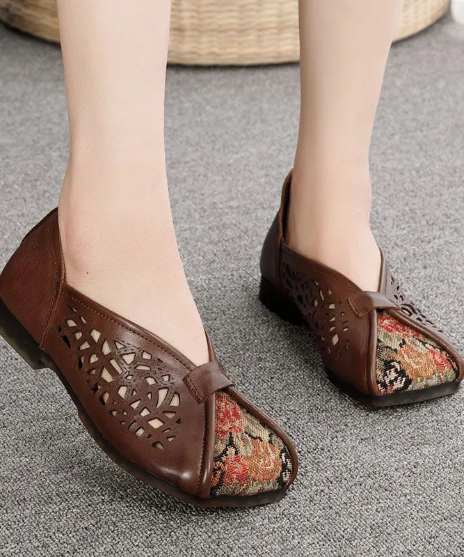 Green Hollow Out Cowhide Leather Flat Shoes for Splicing Flats