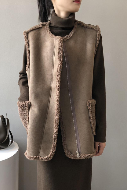 Pocket Patchwork Fluffy O Neck Waistcoats