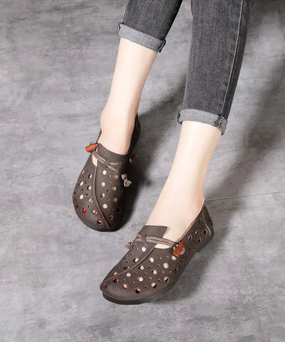 Classy Hollow Out Cowhide Leather Flat Shoes for Buckle Strap Flats