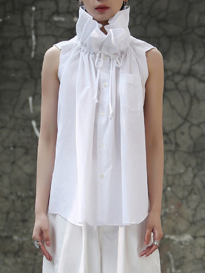 Sleeveless Pleated Color Statement Collar Blouses&shirts Tops