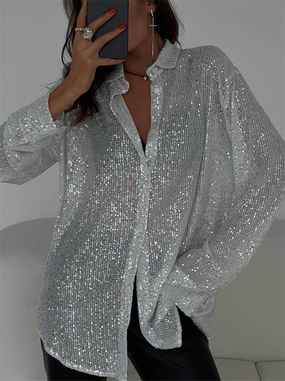 Tossy Sequin Loose Shirts Female Lapel Cardigan Summer Clothes New Outwear Glitter Party Blouse ’s