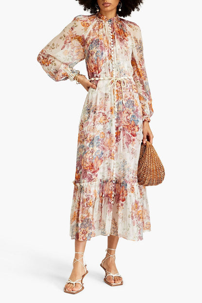 Lantern Sleeve Frill Midi Dress