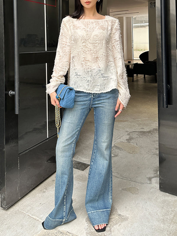 Flared Sleeves Long Sleeves Drawstring Fringed Color Square-neck Blouses&shirts Tops