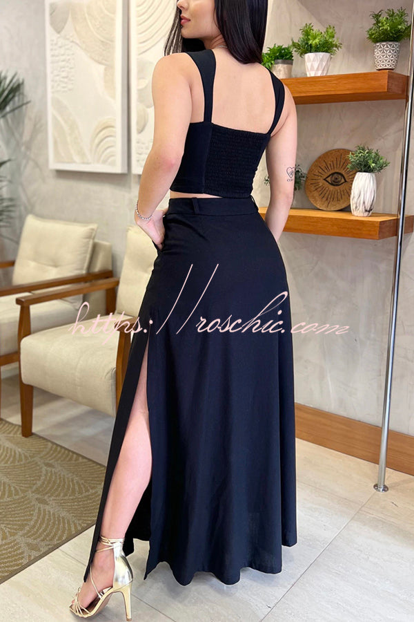 Color Slim Fit Camisole Top and High Waist Slit Pocket Long Skirt Set