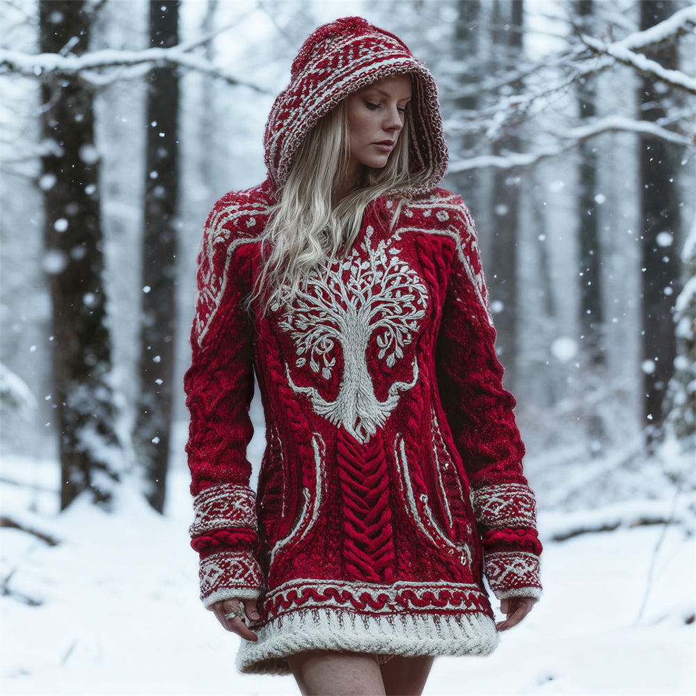 Christmas Viking Tree Of Life Women's Knit Hooded Mini Dress artswardrobe