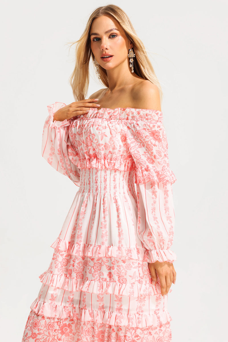 Print Frill Off-shoulder Midi Dress