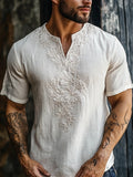 Men's Floral Lace Embroidered Linen Cozy Shirt artswardrobe
