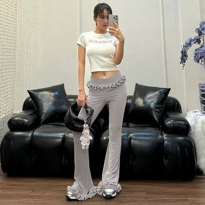 Taruxy Ruffled Lace High Elasticity Trousers for New Slim Fit Low-waist Navel-baring Summer Hot Girl Patchwork Pants