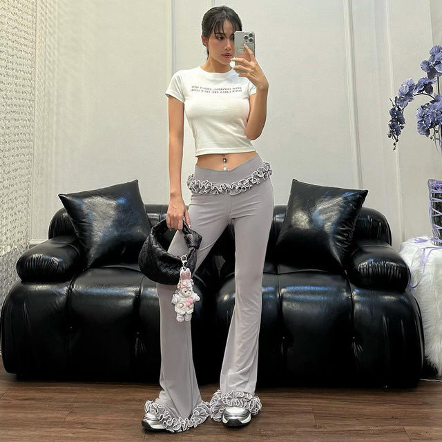 Taruxy Ruffled Lace High Elasticity Trousers for New Slim Fit Low-waist Navel-baring Summer Hot Girl Patchwork Pants