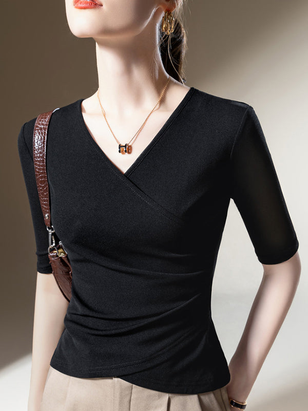 Half Sleeves Asymmetric Pleated Color Split-joint V-neck T-shirts Tops