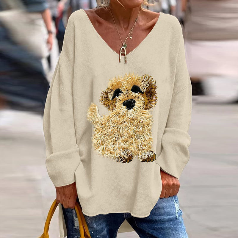 Comstylish Cute Dog Print V-Neck Loose T-Shirt