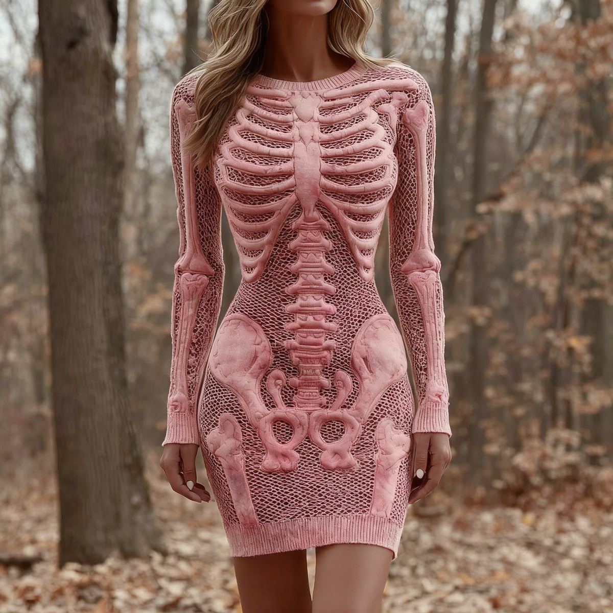 Women's Vintage Halloween Skeleton Bones Comfortable Elegant Sweater Dress artswardrobe