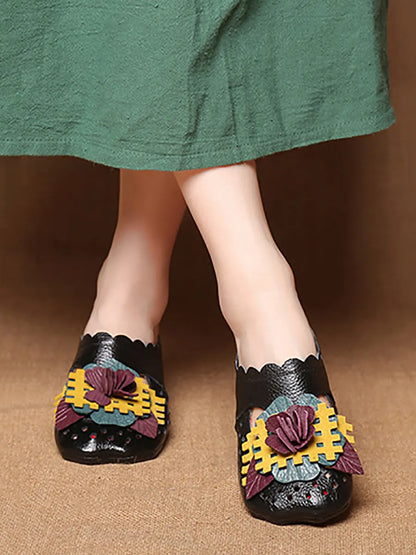 Summer Leather Flower Spliced Low Heel Sandals Fd014
