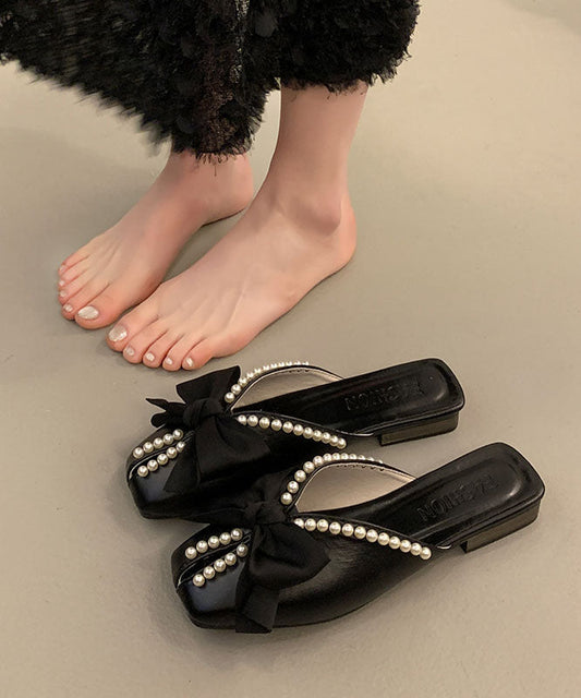 Black Faux Leather Splicing Slide Sandals Bow Nail Bead Aa016