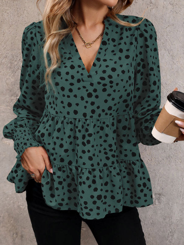 Long Sleeves Loose Elasticity Polka-dot Split-joint V-neck Blouses&shirts Tops