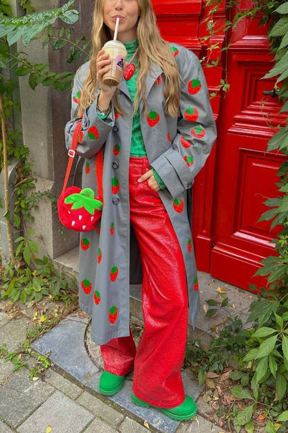Fruit Print Long Coat Cherry Trench Coat