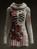 Halloween Skull Floral Knitted Warm Hooded Sweater artswardrobe
