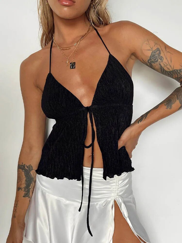 Halterneck Crop Tops Summer Color Bandage Open Front Backless Sleeveless Green Tops Y2k