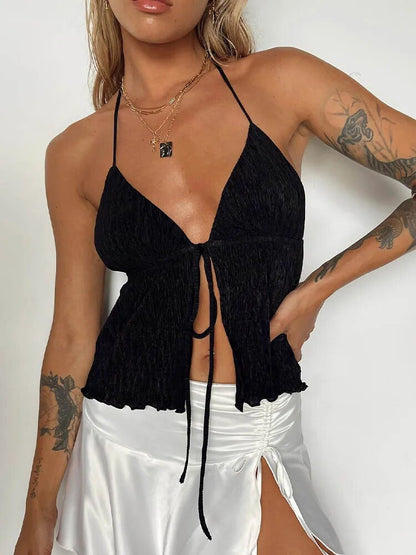 Halterneck Crop Tops Summer Color Bandage Open Front Backless Sleeveless Green Tops Y2k