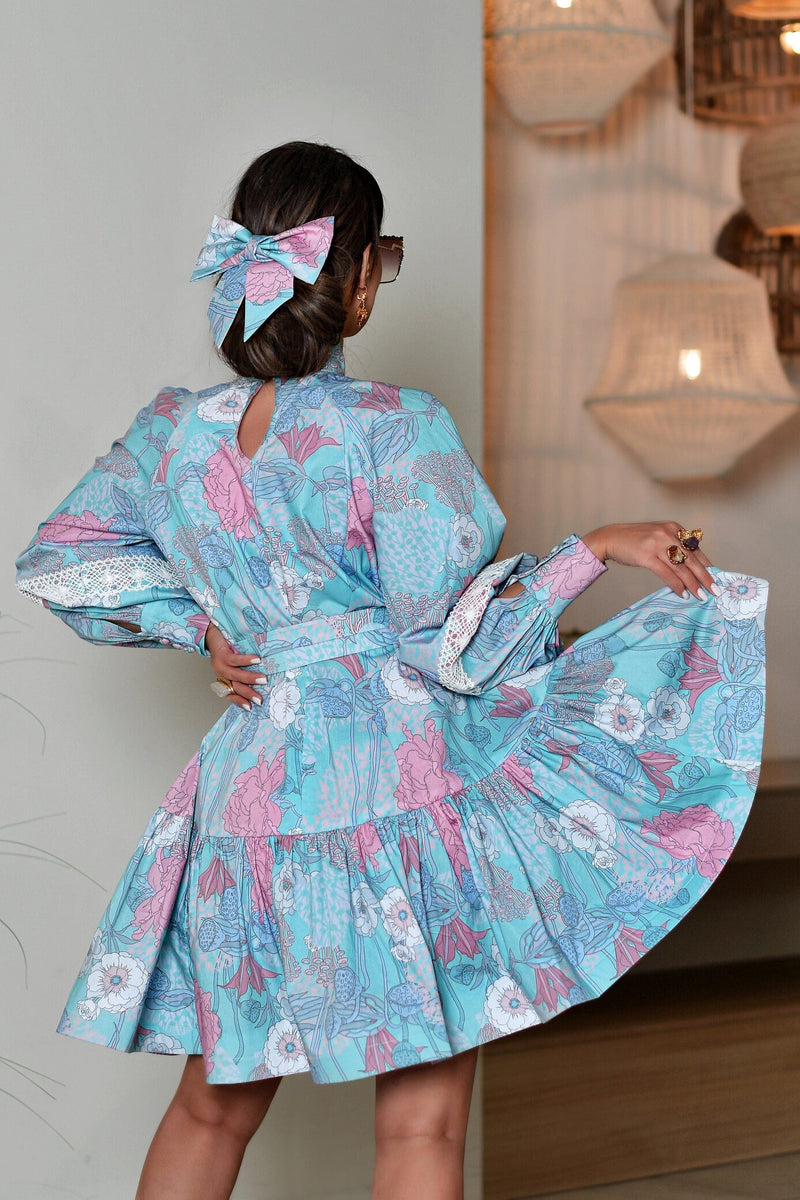 Puff Sleeve High Collar Tapered Waist Mini Dress