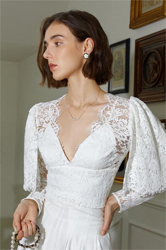 Long Sleeve V-neck Lace Top White