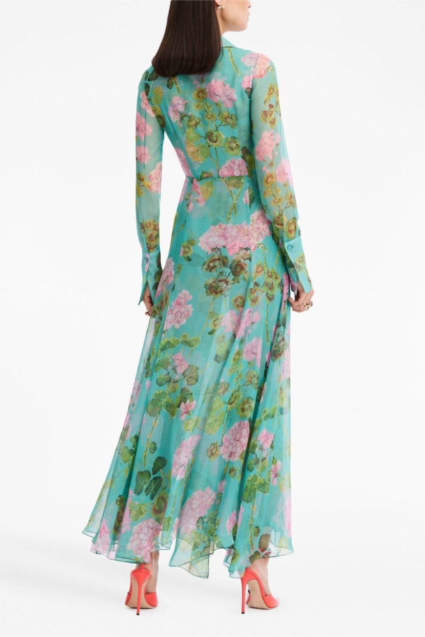 Lantern Sleeve Lapel Buckle Maxi Dress