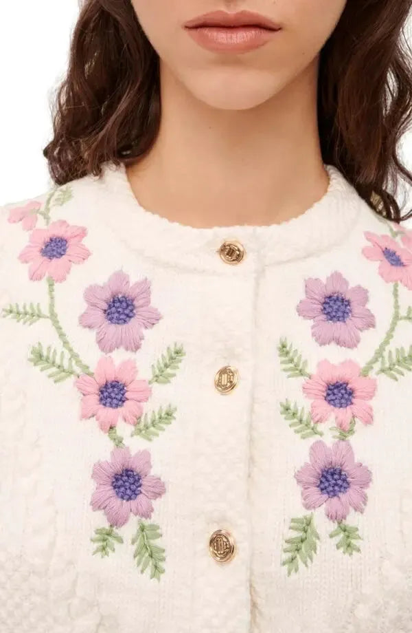 Knit Crew Collar Embroidered Cardigan