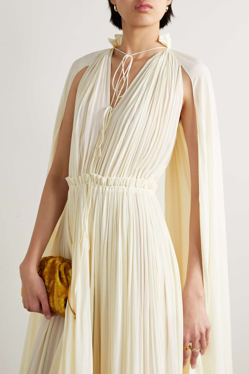 V-neck Ruffle Hem Cape Large Hemline Midi Dress Beige
