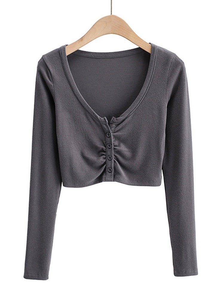 Slim V-neck Long Sleeve Bottomed Tops and Blouses High Street Color Open Navel Cardigan