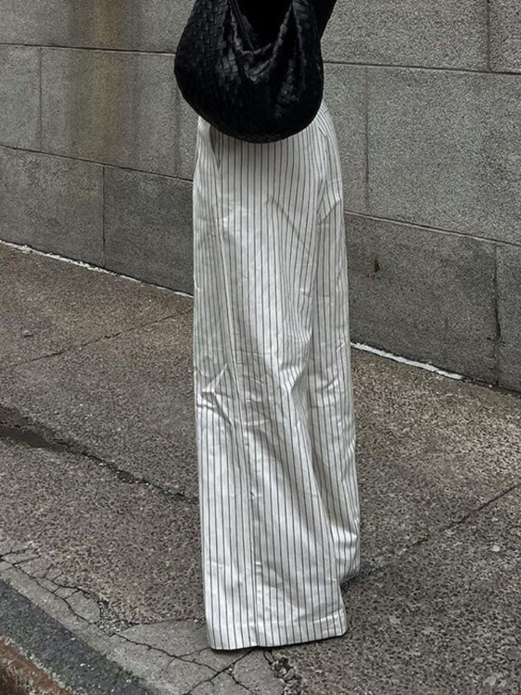 Tossy ’s Black White Stripe Wide Leg Pants New High Waist Zipper Loose Work Business Pants With Pockets