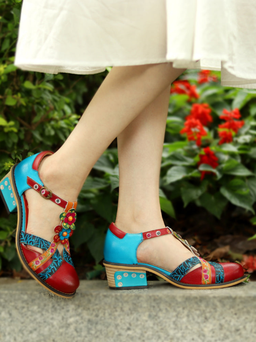 Soffia | Genuine Leather Cut Out T-strap Dora Sandals Oxford Shoes